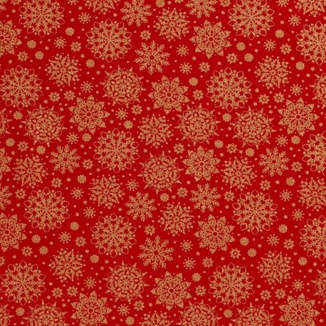 Tissu Cretonne Imrimée Foil Flocon Fond Rouge 