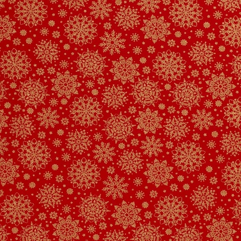 Tissu Cretonne Imrimée Foil Flocon Fond Rouge 