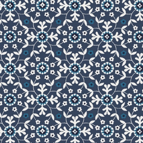Tissu Voile de Coton Imprimé Motif Floral Denim 