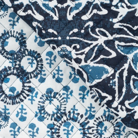 Tissu Coton Matelassé Imprimé Fleur Rond Denim 