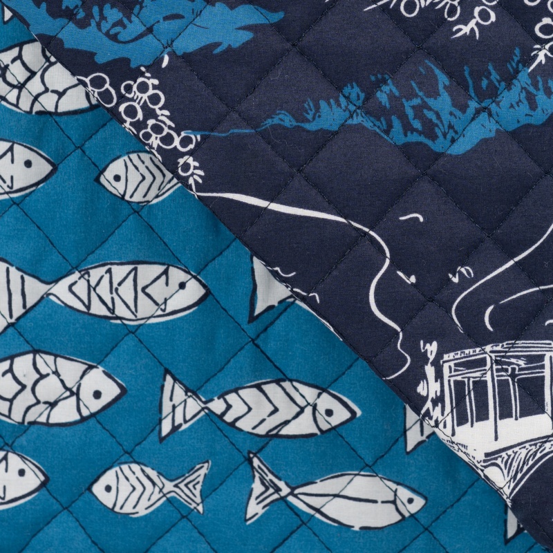 Tissu Coton Matelasse Imprimé Poisson Pagode Denim