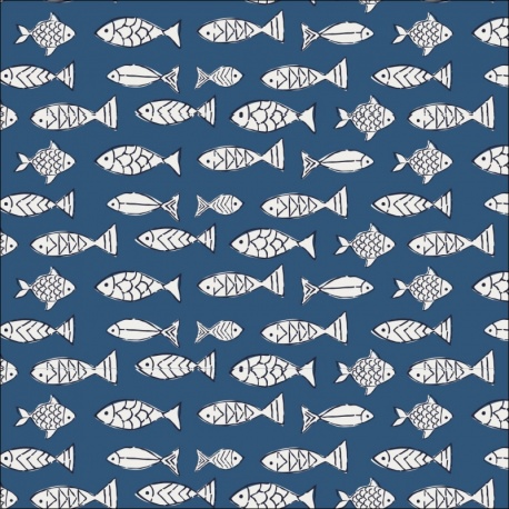 Tissu Voile de Coton Imprimé Poisson Denim
