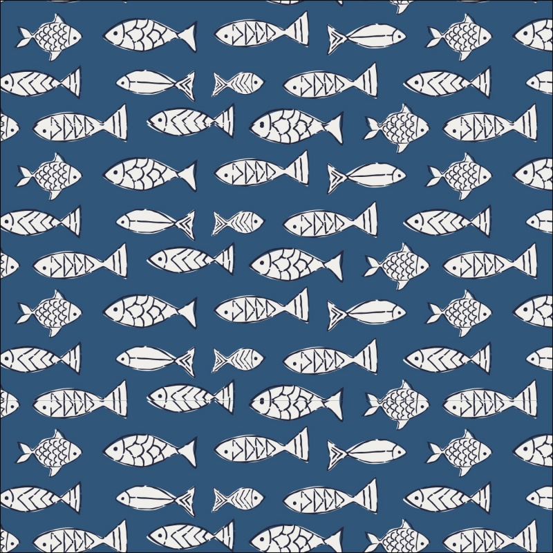 Tissu Voile de Coton Imprimé Poisson Denim