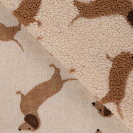 Tissu Teddy Jacquard Imprimé Chien Caramel 