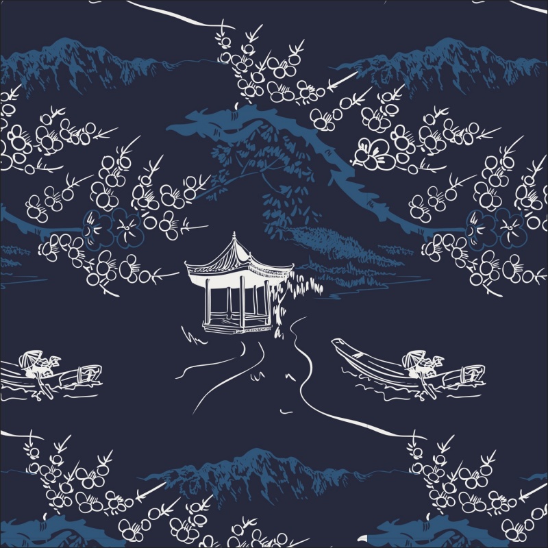 Tissu Voile de Coton Imprimé Pagode Denim 