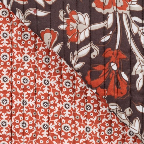 Tissu Coton Matelassé Imprrimé Motif Fleurs Marron