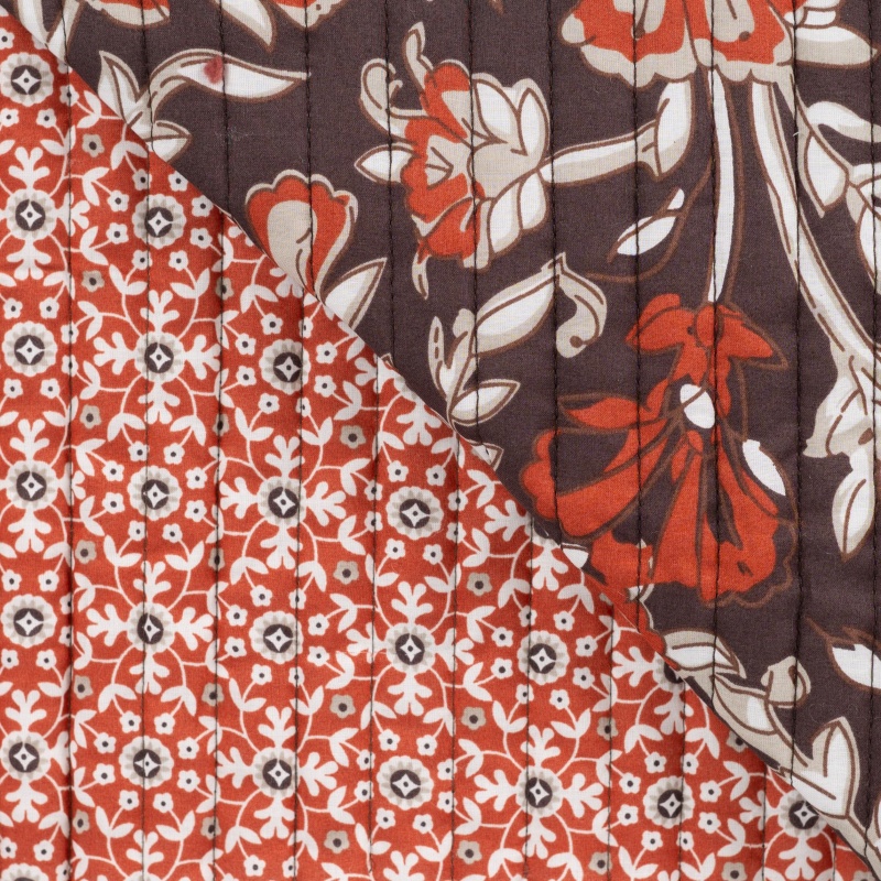 Tissu Coton Matelassé Imprrimé Motif Fleurs Marron