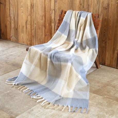 Plaid Yanis Carreaux et Franges Bleu 