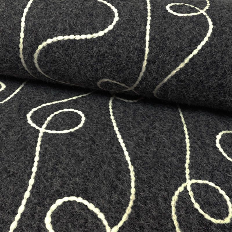 Tissu Nuza Brodé Poils Longs Ardoise 