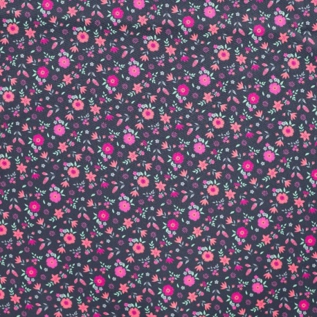 Tissu Popeline Imprimée Fleurs Bleu Marine