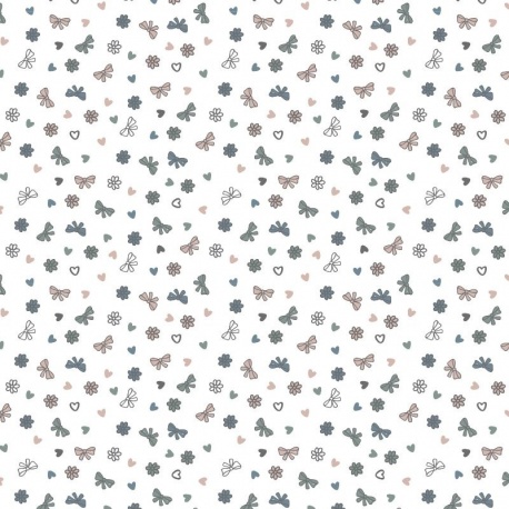 Tissu Popeline Imprimée Coeur et Noeud Gris 