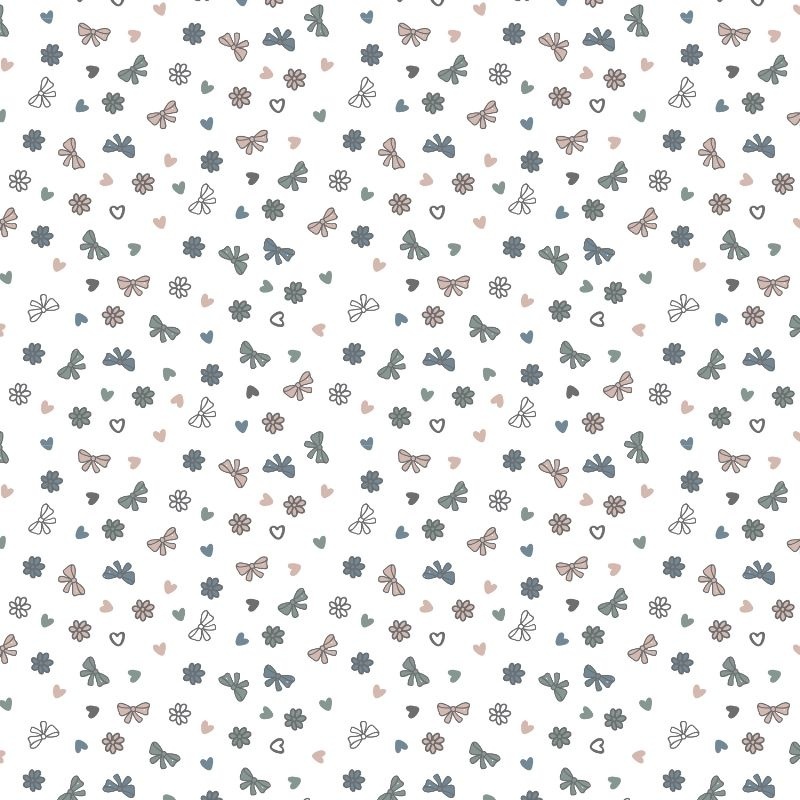 Tissu Popeline Imprimée Coeur et Noeud Gris 