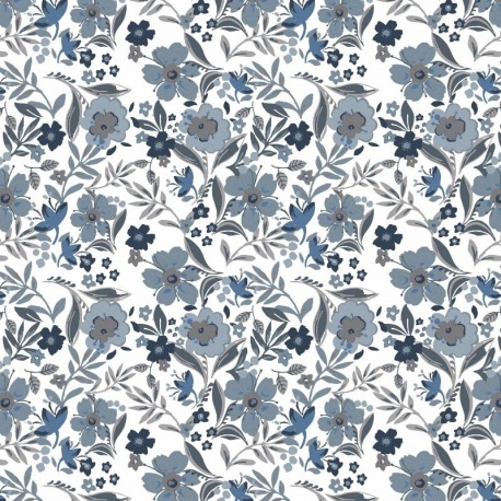 Tissu Popeline Imprimée Fleurs Bleu 