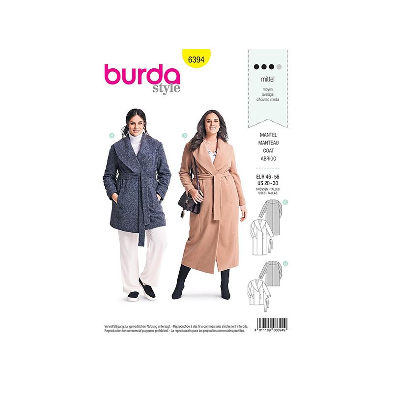 Patron Burda 6394 Manteau Pour Dames 46/56