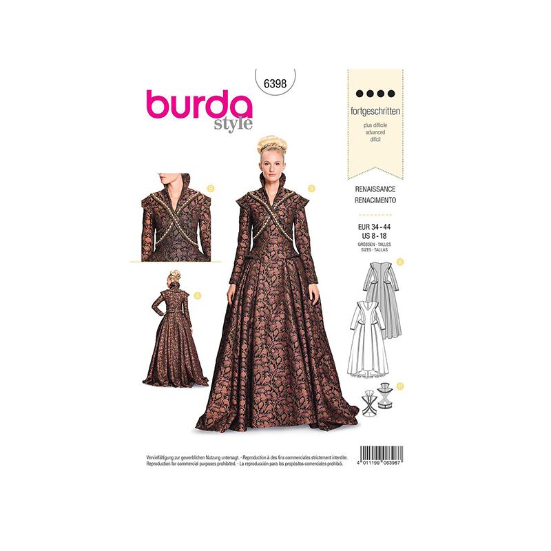 Patron Burda 6398 Robe Renaissance 34/44