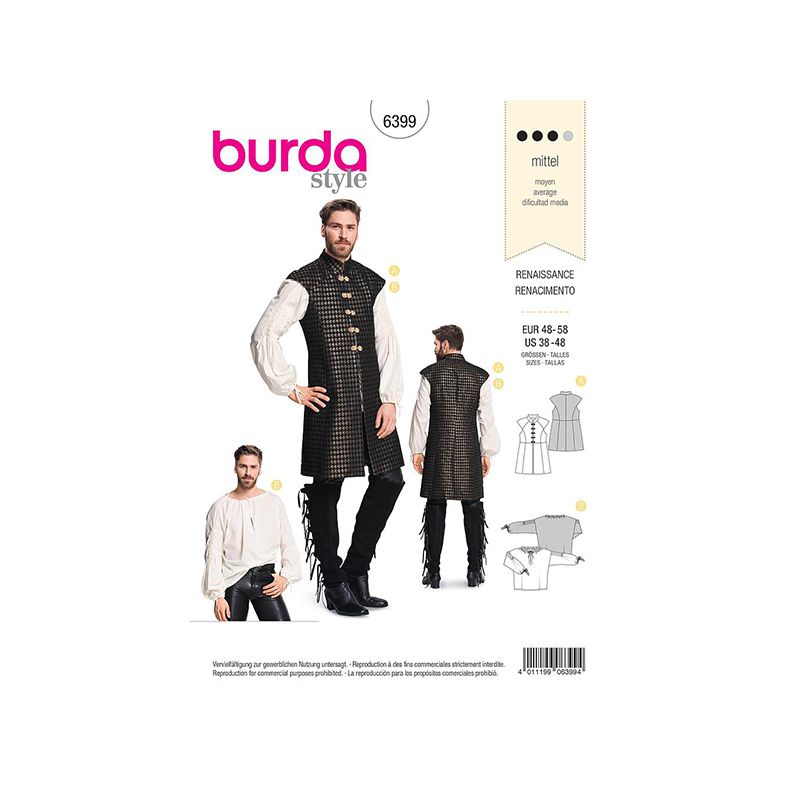 Patron Burda 6399 Ensemble Renaissance Pour Hommes 48/58