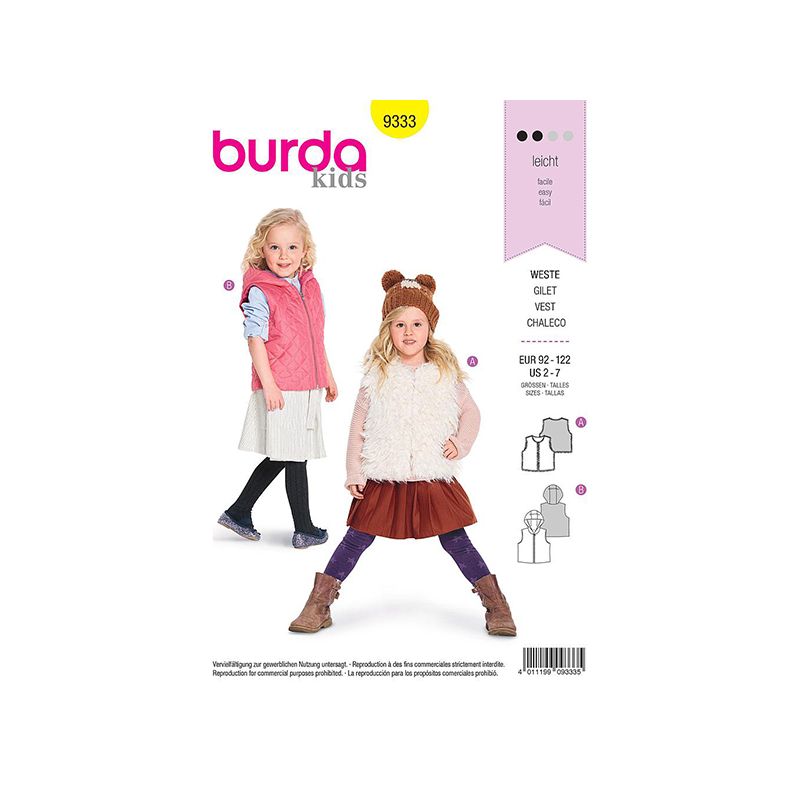 Patron Burda Kids 9333 Gilet Enfant 92/122