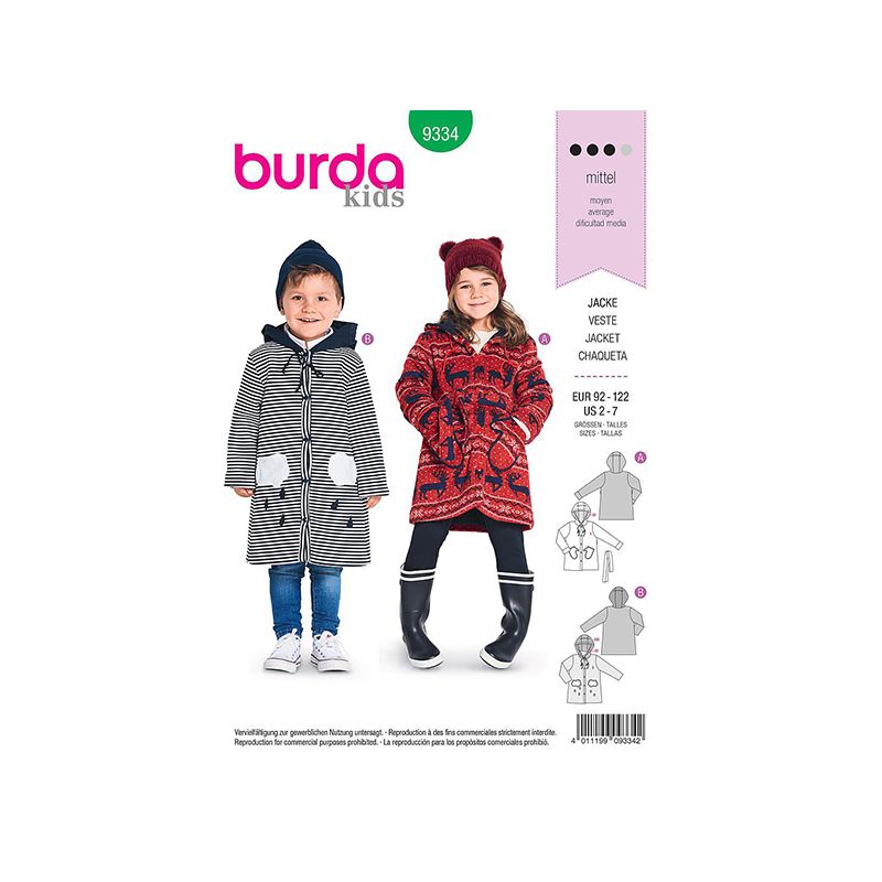Patron Burda Kids 9334 Veste Pour Enfant 92/122