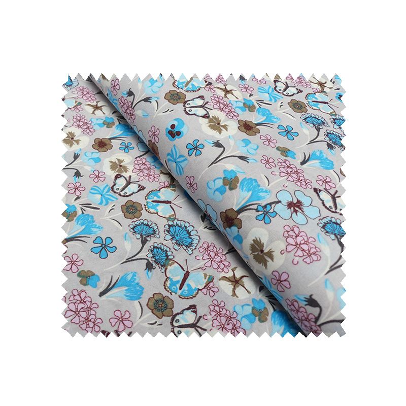 Tissu Coton Imprimé Fleurs Bleues sur Fond Gris