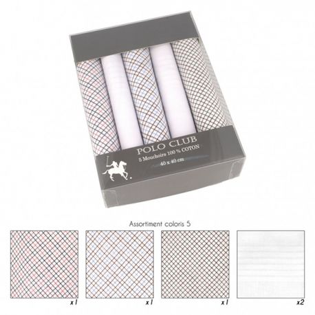 Coffret 5 Mouchoirs motifs petits carreaux 40x40cm 100% coton