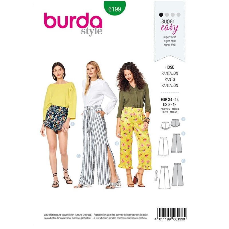 Patron Burda 6199 Young Pantalon - Short - Coulisse Elastiquee Dans La Ceinture