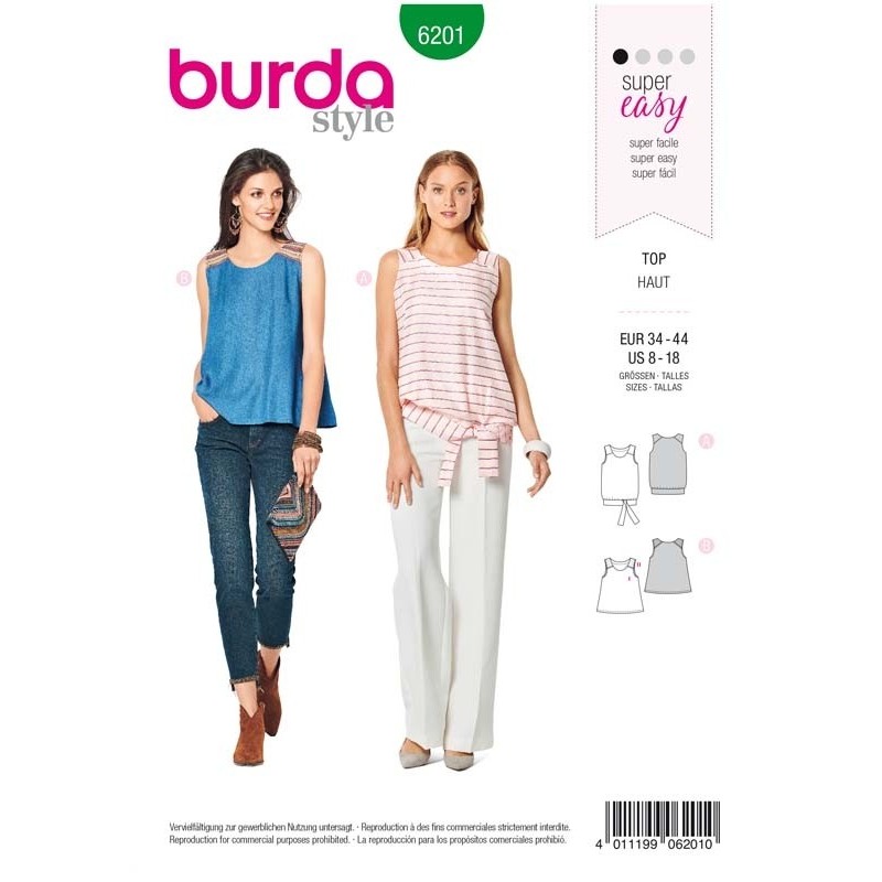 Patron Burda 6201 Young Top A Bretelles - Forme Evasee  - Avec Ceinture Et Ruban