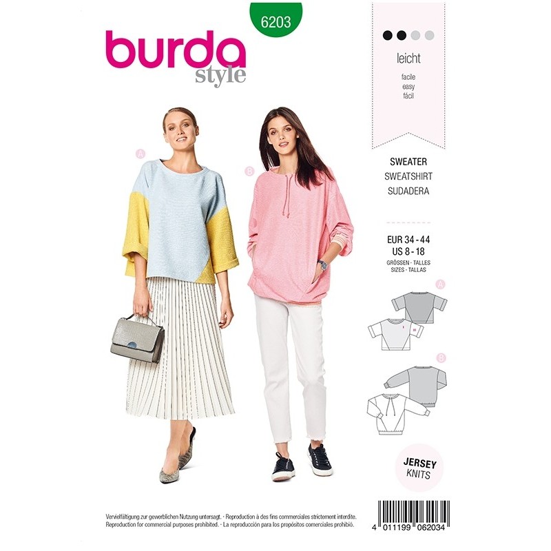 Patron Burda 6203 Young Sweatshirt  - Ligne Trapeze - Avec un Assemblage Original