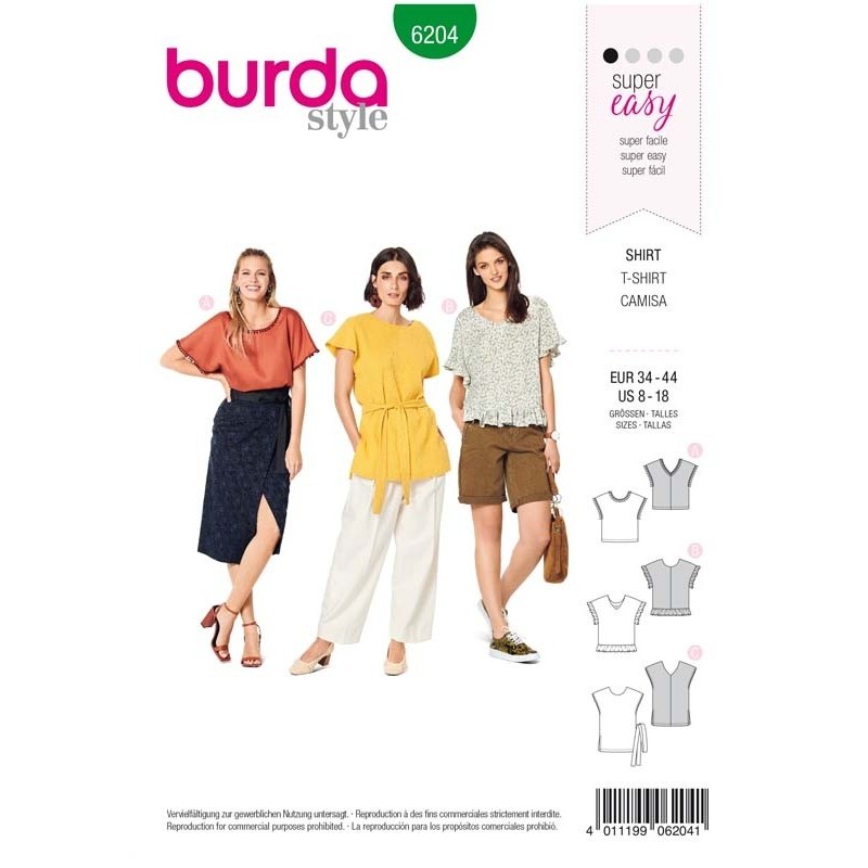 Patron Burda 6204 Young T-shirt Facon Blouse - Epaules Tombantes - Encolure En V