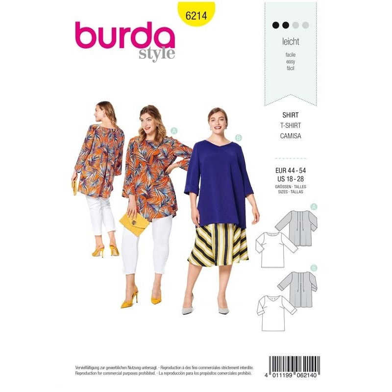 Patron Burda 6214 T-shirt - Forme Légère - Plis Dans Le Dos