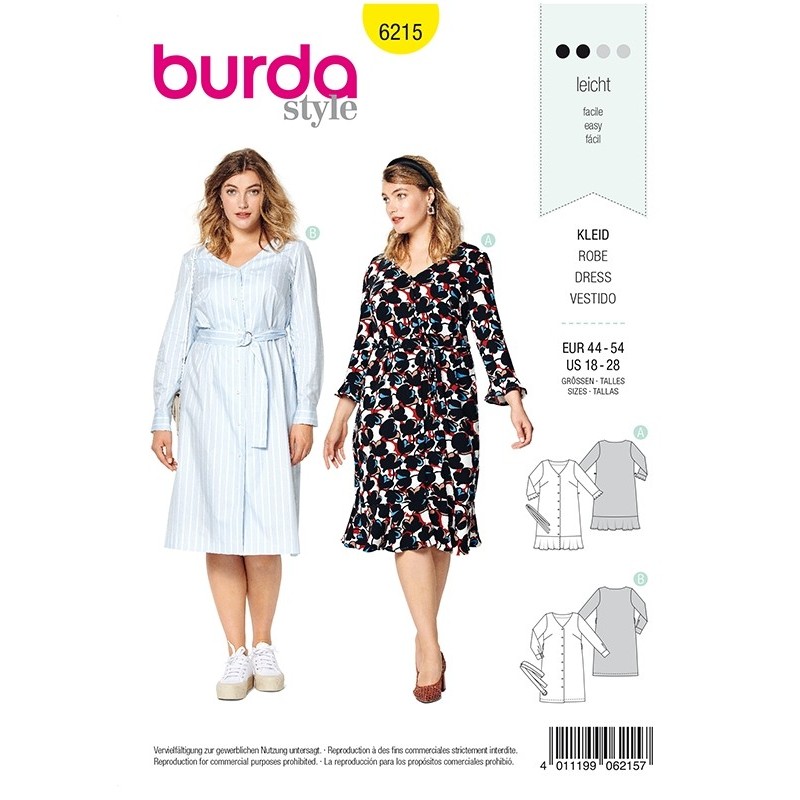 Patron Burda 6215 Robe Avec Une Fermeture A Boutons - Encolure En V - volant d'ourlet