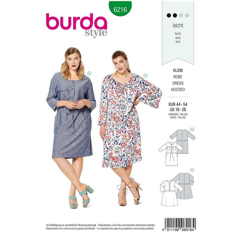 Patron Burda 6216 Robe avec une Fermeture Boutonnee à l'avant et un Parement de taille