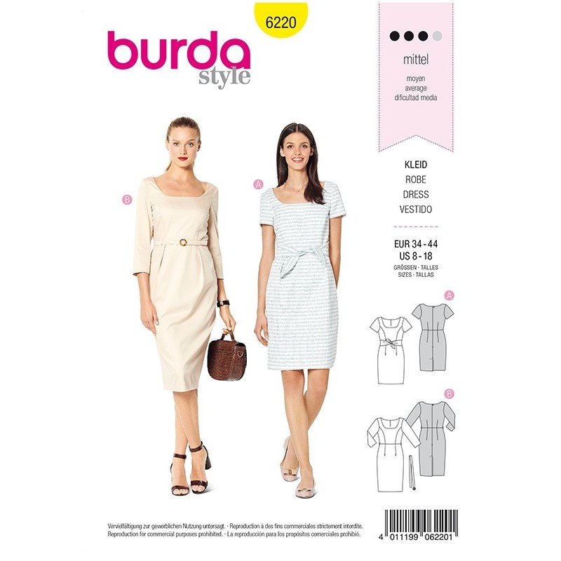 Patron Burda 6220 Robe - Robe Fourreau - Encolure Carrée