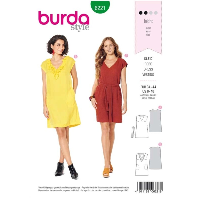 Patron Burda 6221 Robe - Sans Manche - Encolure En V Avec Volant - Forme Légère