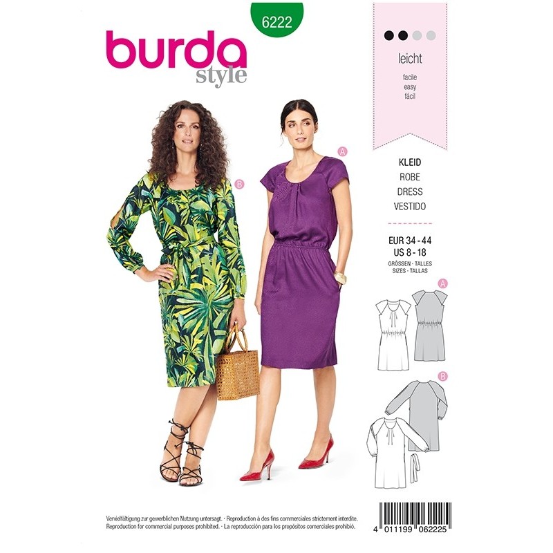 Patron Burda 6222 Robe Avec de Petits Plis A L'encolure - Manches Raglan