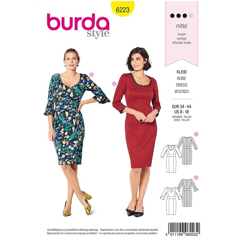 Patron Burda 6223 Robe Avec Un Parement de Taille - Deux Formes D'encolure