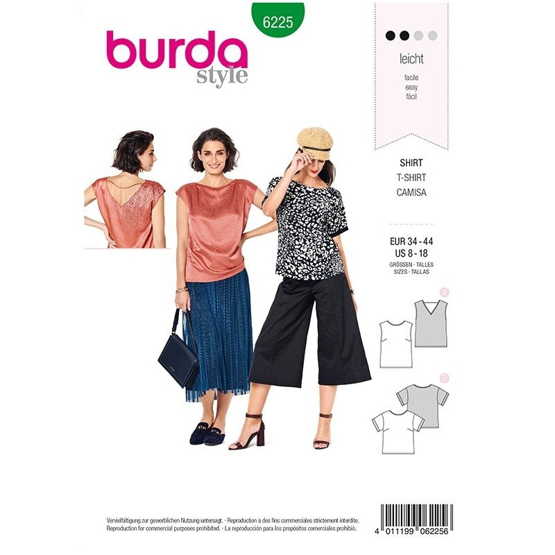 Patron Burda 6225 Blouse - Tee-shirt - Top - Forme Droite