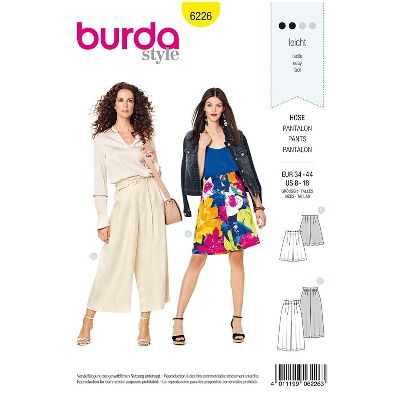 Patron Burda 6226 Bermuda - Pantalon Façon Jupe-culotte - Plis de Ceinture