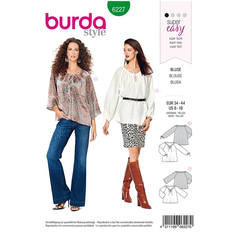 Patron Burda 6227 Blouse - Blouse Carmen - Coulisse à Ruban