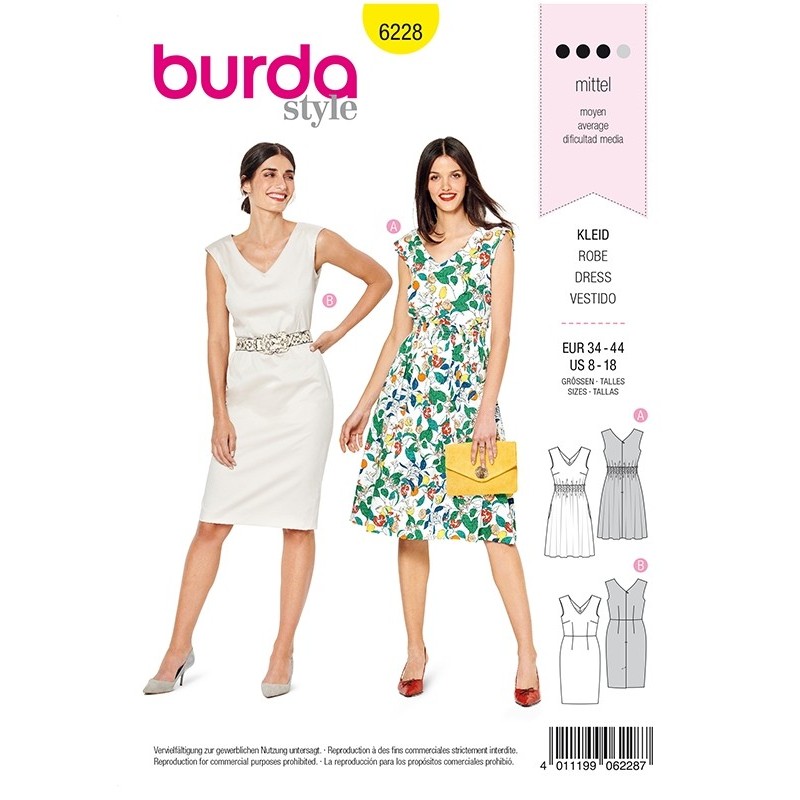 Patron Burda 6228 Robe Avec Smock Elastique - Robe Fourreau - Encolure En V