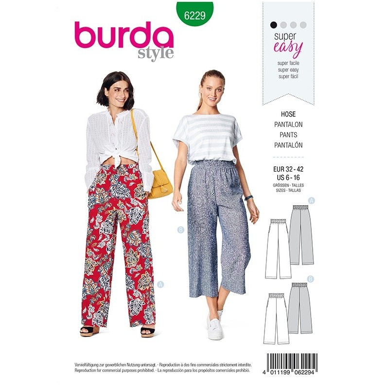 Patron Burda 6229 Pantalon à Coulisse Elastiquée avec des Poches dans les Coutures