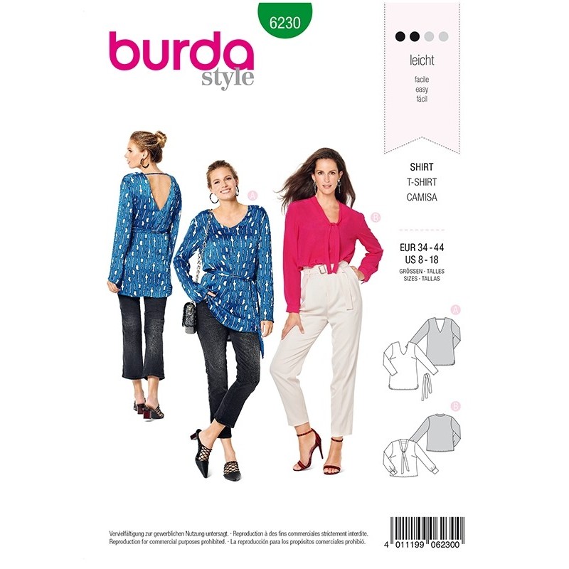 Patron Burda 6230 Blouse Façon Tee-shirt - Encolure En V