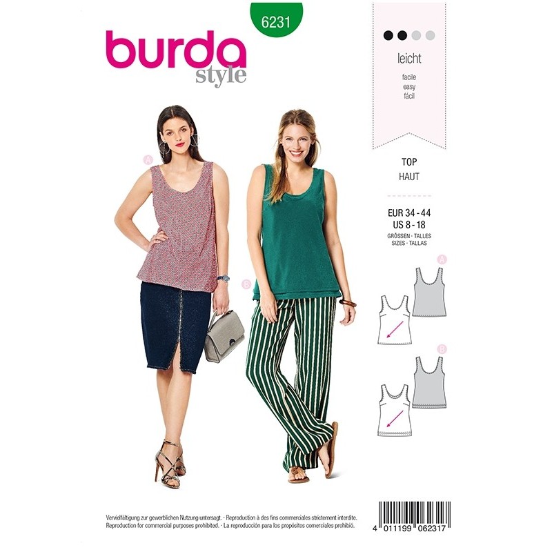 Patron Burda 6231 Top Avec une Encolure Ronde - En Simple ou Double Epaisseur