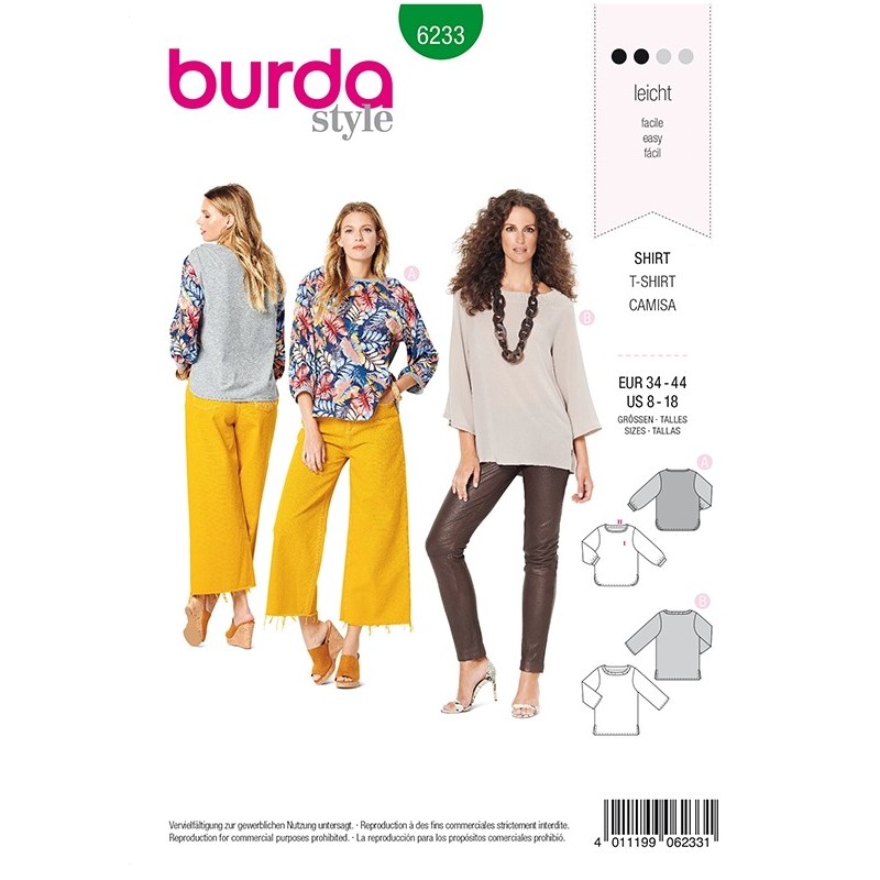 Patron Burda 6233 Tee-shirt - Parement D'encolure Fronce - Manches 3/4