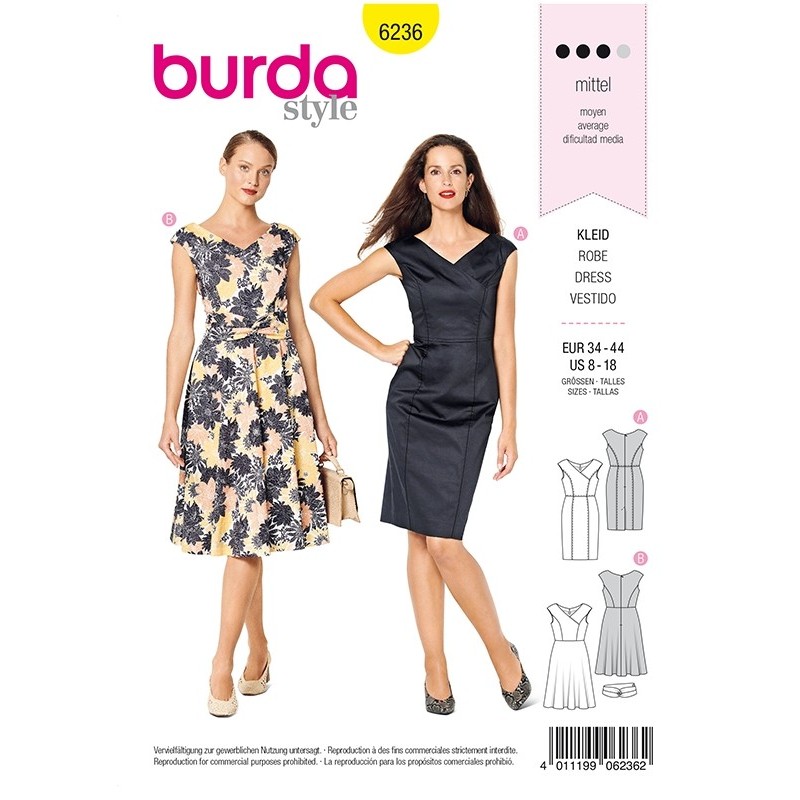 Patron Burda 6236 Robe A Effet Croise - Encolure En V - Epaules Tombantes