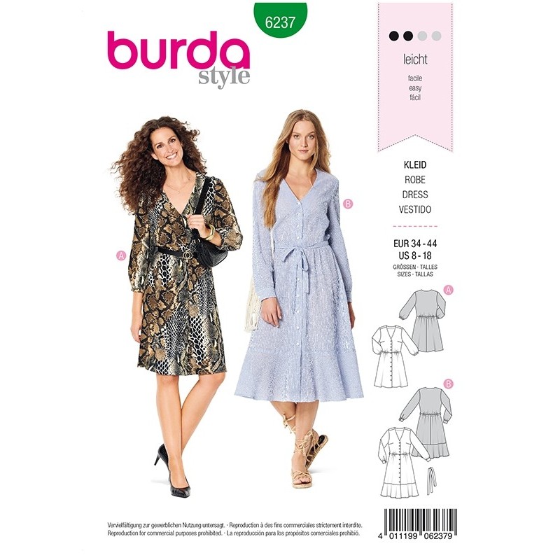 Patron Burda 6237 Robe A Fermeture Boutonnee - Style Chemisier - Encolure En V