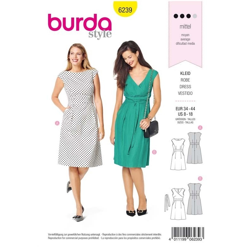 Patron Burda 6239 Robe Avec un Parement de Taille - Epaules Extra-larges