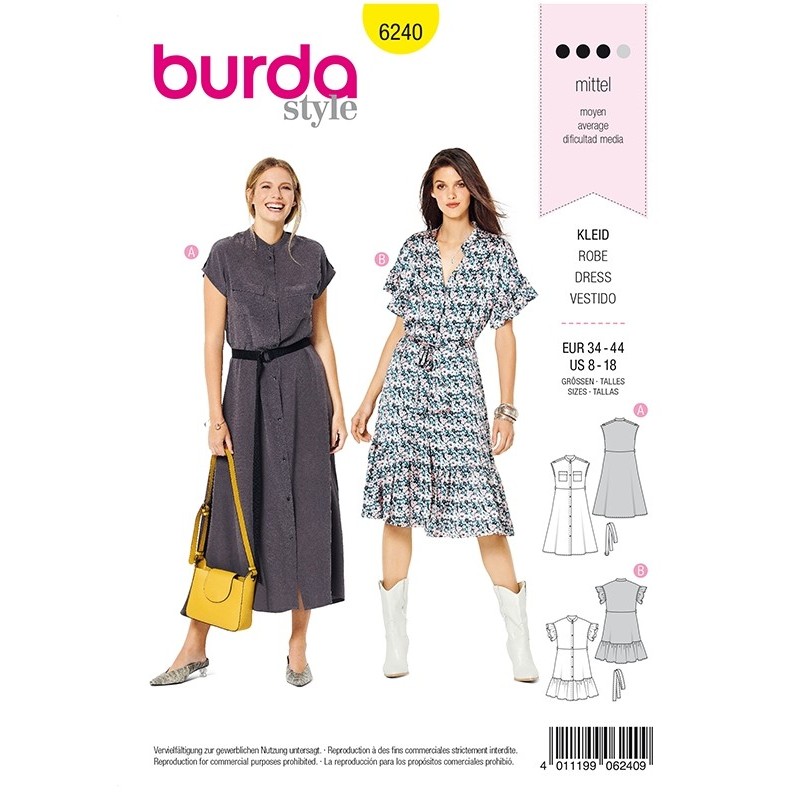 Patron Burda 6240 Robe A Fermeture Boutonnee -  Col Droit - Ruches