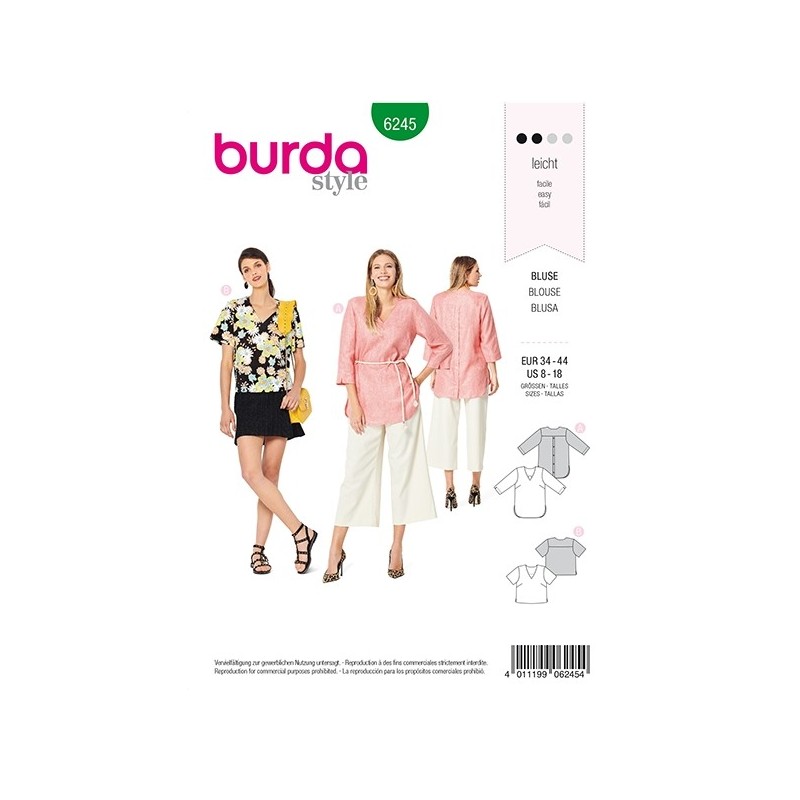 Patron Burda 6245 Blouse - Tunique - Encolure En V - Fermeture Boutonnee Au Dos