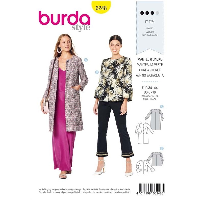 Patron Burda 6248 Manteau - Veste - Sans Col