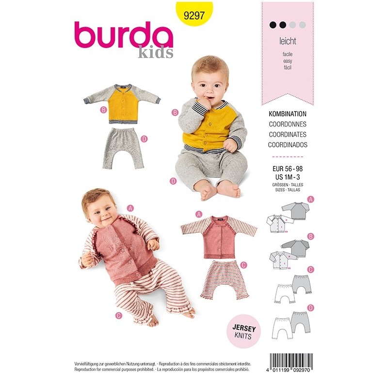 Patron Burda 9297 Baby Veste Sweat-shirt - Veste Manche Raglan A Col Droit - Pan